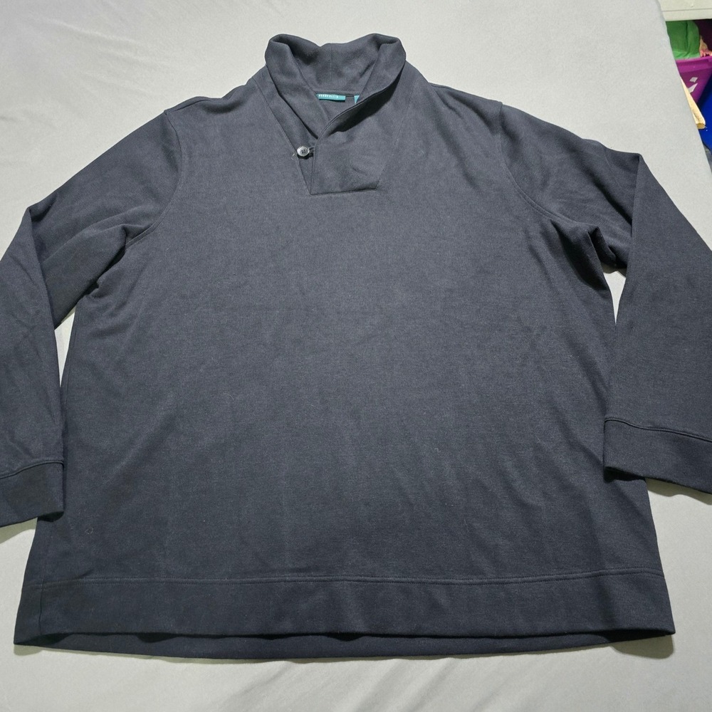 Perry Ellis Shawl Collar Pullover Mens 3XLT Navy Blue Button Neck Sweater